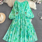 Gentle style lady temperament long sleeve low round neck waist medium length A-line printed dress R0392