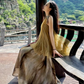 New Chinese style temperament holiday beach long skirt mesh tie-dye fake two-piece dress R1698