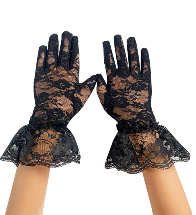 Children's elastic retro black lace lace mesh gloves white bride hollow thin sunscreen     S6254