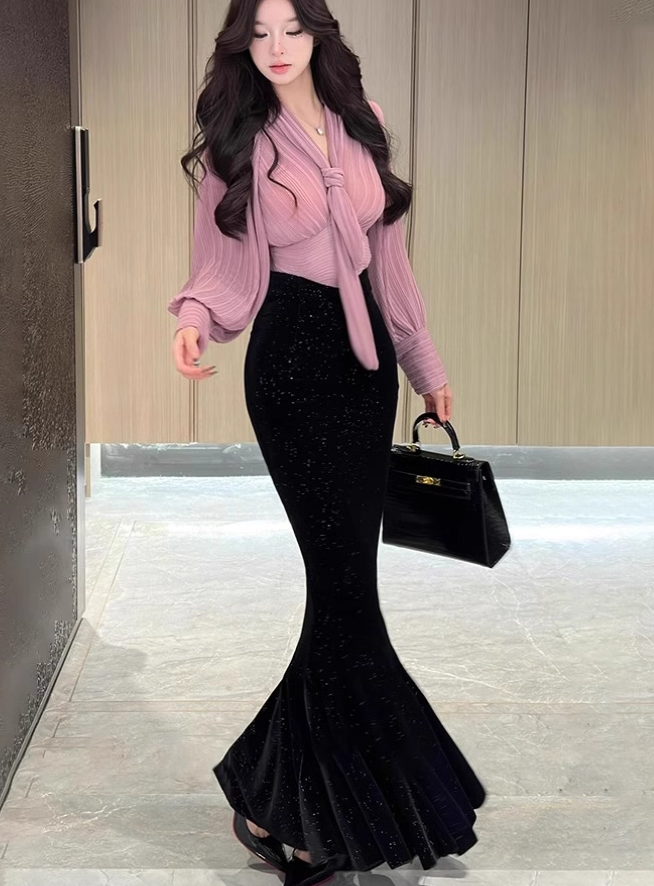 Pure desire style lace-up pleated top 2025 plus size royal sister fine flash hip fishtail skirt suit R1266