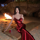 Retro suspenders red acetate swing collar hip-wrapped backless slim holiday inner skirt R1432