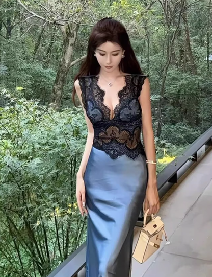 Sexy hot girl lace V-neck dress plus size satin evening dress hip skirt R1357