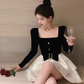 Birthday dress high-end Hepburn style dress high-end niche toast dress square collar dress R1798