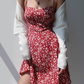 Retro girl red floral suspender skirt slim fit waist strappy short skirt holiday dress R2804