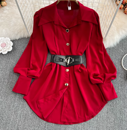 2025 Retro Temperament Waist Slimming Pleated Long Sleeve Shirt Skirt Mid-length Loose Top R0395