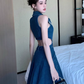 Retro sister style high-end long slim lapel denim skirt hot girl sexy waist sleeveless vest dress R0414