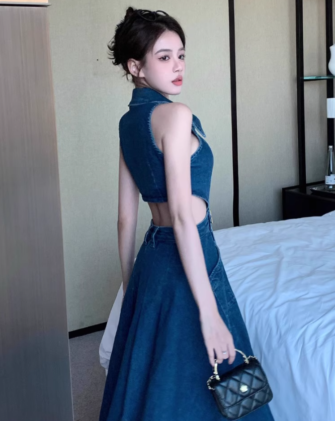 Retro sister style high-end long slim lapel denim skirt hot girl sexy waist sleeveless vest dress R0414
