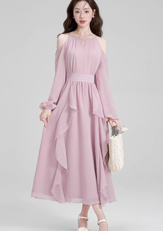 French style beautiful holiday long dress summer new ruffled halter neck off-shoulder dress R2364