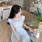 Light blue bow dress with short sleeves, slim waist and elegant short skirt R4419