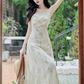 French style cool print suspender skirt gentle style waist slim green floral dress R2396