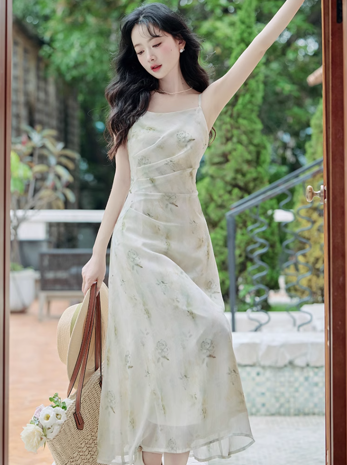 French style cool print suspender skirt gentle style waist slim green floral dress R2396