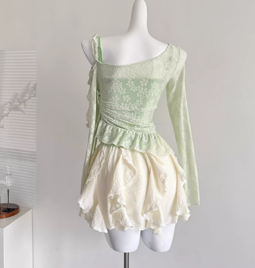 Summer sweet slim long sleeve lace hollow blouse suspender skirt R2010