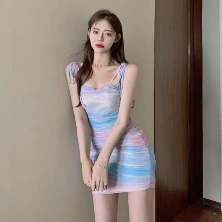 Powder blue suspender waist pleated hip skirt homecoming dress R3250