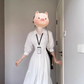 Atmosphere wear white polo long-sleeved dress waist temperament fishbone French long skirt R0484