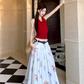 Date suit red sleeveless backless sweater printed skirt rich feeling outfit two piece suit R1744