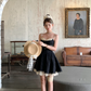Black mid-length waist a-line suspender dress summer French retro skirt R4909