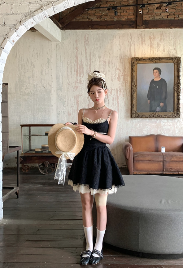 Black mid-length waist a-line suspender dress summer French retro skirt R4909