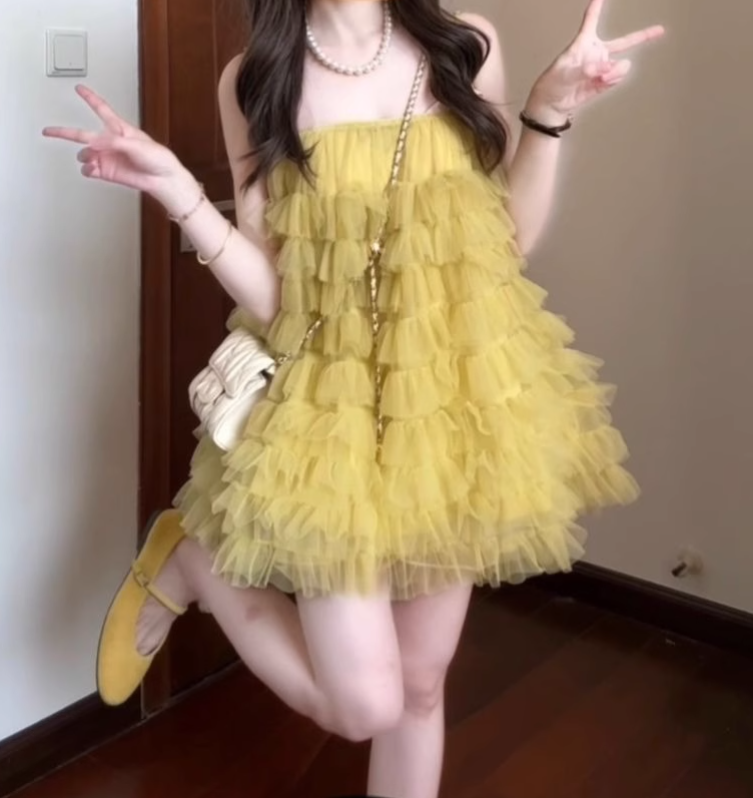Yellow mesh suspender dress niche gentle temperament A-line puffy short skirt R0779