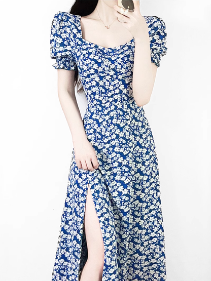 2025 Summer New French Square Neck Blue Temperament Floral Holiday Platycodon Dress R0945