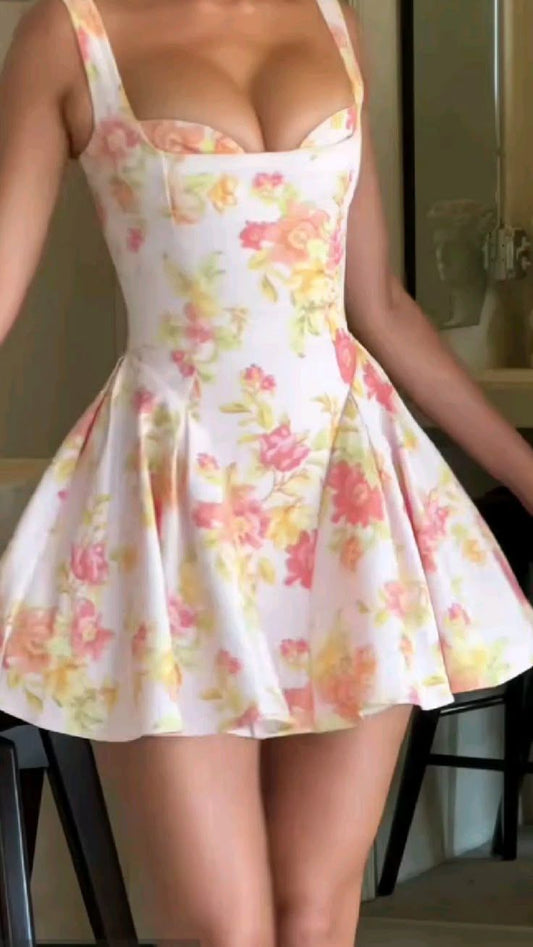 Retro floral white bottom suspender waist puffy princess dress homecoming dress R2942