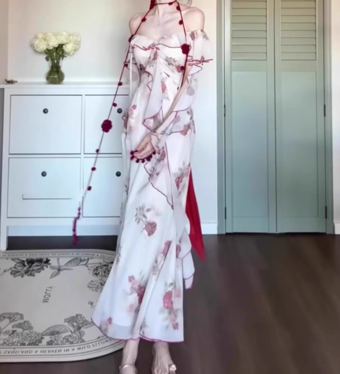 Retro floral one-shoulder dress with gentle temperament and slim waist and hip skirt R0645