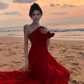 Fairy red off-shoulder dress with slim waist and long swing chiffon dress for holiday R1743