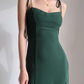 French style dark green high waisted camisole dress, retro waist cinched side slit dress R2865