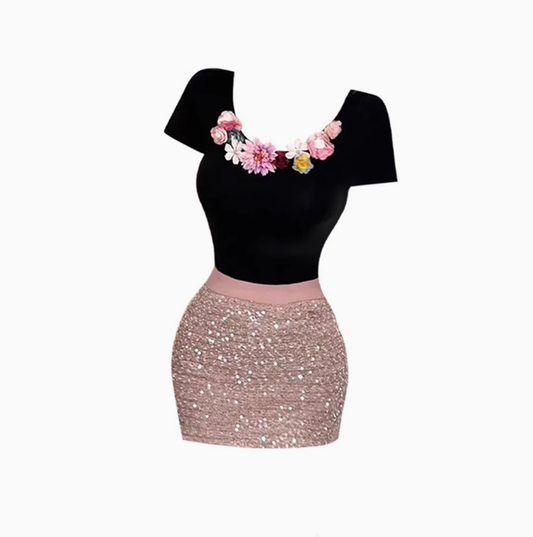 Sweet and spicy design three-dimensional flower short tops for women 2025 hip skirt suit R1075