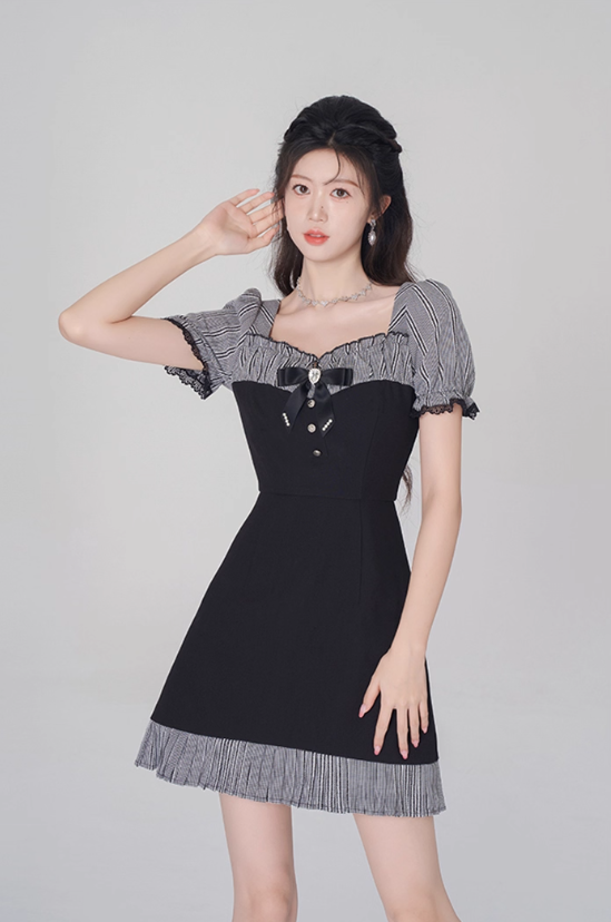 Women's summer square neck high waist straight skirt summer fungus plaid short skirt R4500