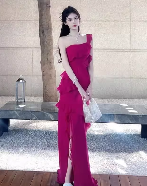 French suspender dress rose red white ruffled slit drape elegant long skirt R1611