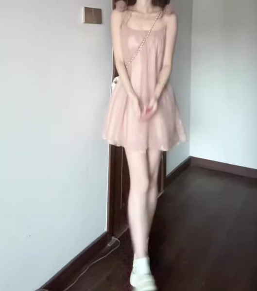 Gentle temperament pink mesh sling dress beautiful loose A-line short skirt R0723