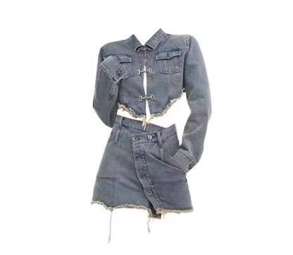 High-end design long-sleeved jacket retro hot girl short skirt American street slim denim suit R0144