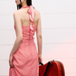 Red plaid waisted halter neck dress summer V-neck ribbon French temperament long dress R3324
