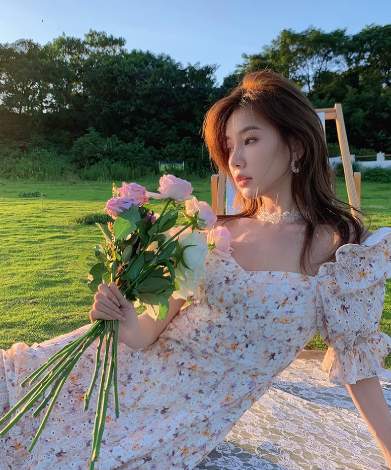 Camellia encounter floral dress holiday style French long skirt R2706