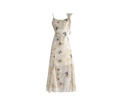 French butterfly print suspender dress 2025 new seaside holiday long skirt R0039