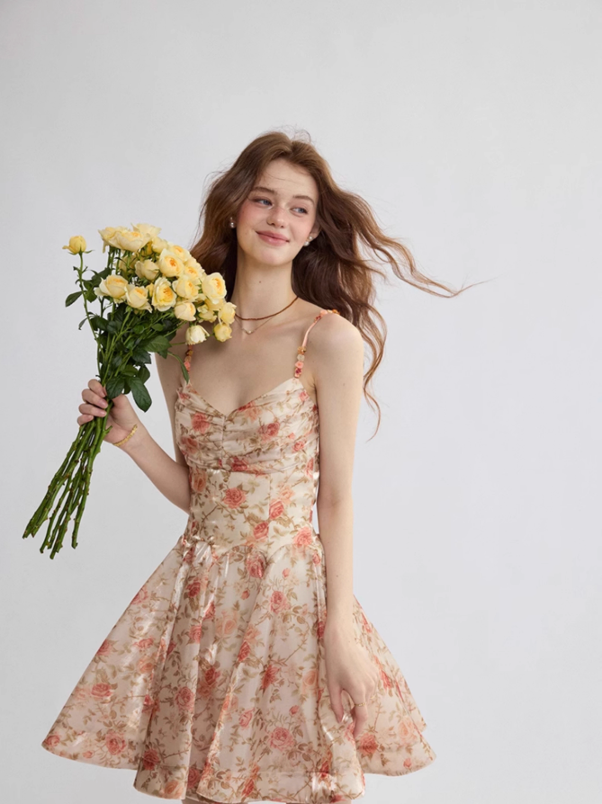 French suspender skirt floral dress high-end wear short skirt summer skirt R2767