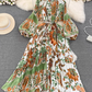 Light luxury temperament lantern long sleeve round neck waist single breasted print elegant dress R0403