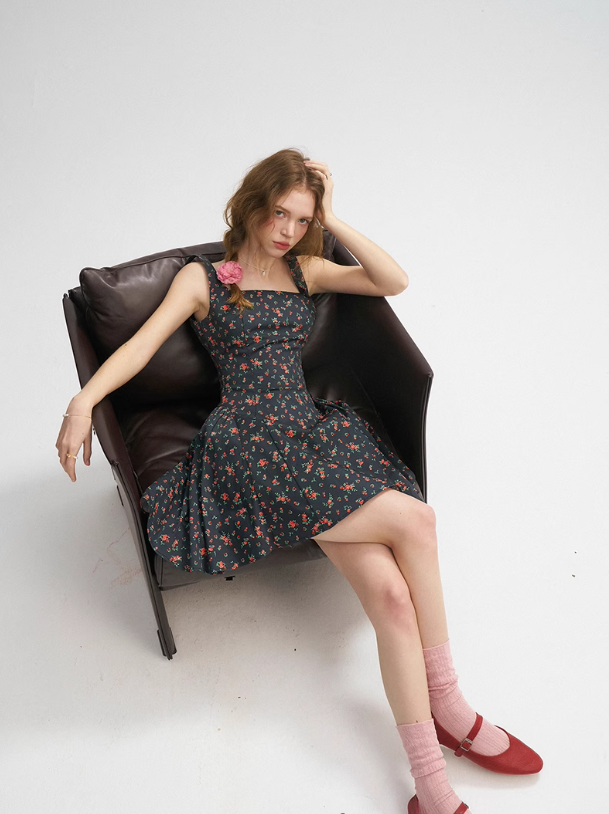 French Retro Floral Sling Dress Sleeveless Short Skirt R2704