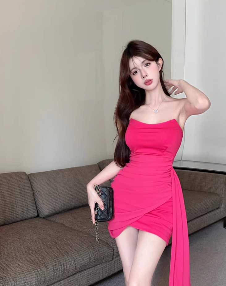 One-shoulder tube top dress niche design ribbon slim hip-hugging small gift skirt R0560