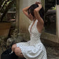White Polka Dot Halter Neck Deep V Neck Sexy Waist A-Line Short Skirt Homecoming Dress R3841