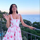 White background pink floral suspenders waist slim A-line short skirt homecoming dress R3691