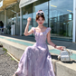 Purple square neck small flying sleeve suspender dress summer French style waist slim temperament skirt R4705