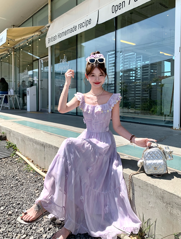 Purple square neck small flying sleeve suspender dress summer French style waist slim temperament skirt R4705