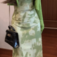 Green floral suspender dress, beautiful waist and slim hip skirt R0618