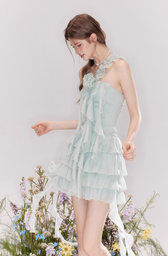 French ruffled one-shoulder dress atmosphere cake skirt R4536