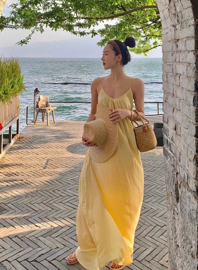 Yellow suspender dress loose lazy style backless sexy beach dress holiday long dress R1587