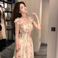 Long waist square neck printed suspender dress for women summer French temperament skirt R4745