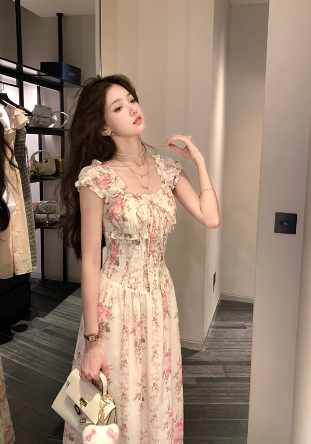 Long waist square neck printed suspender dress for women summer French temperament skirt R4745