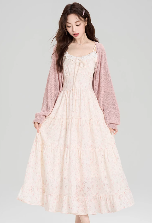 French floral suspender skirt, beautiful and gentle style dress with cardigan two-piece suit R2382