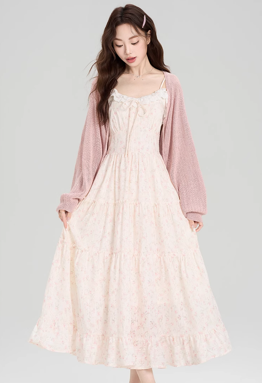 French floral suspender skirt, beautiful and gentle style dress with cardigan two-piece suit R2382